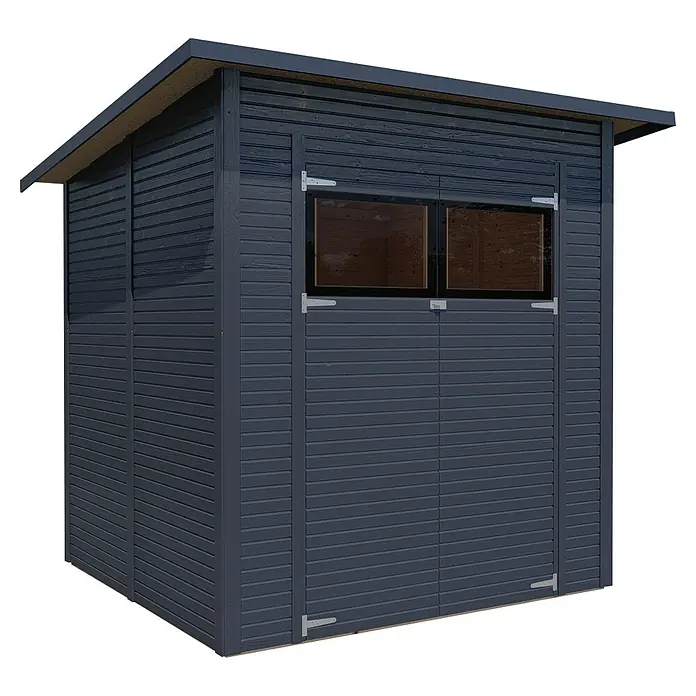 Bertilo Gerätehaus Pent Modern - Außenmaß inkl. Dachüberstand (B x T): 232 x 226 cm, Holz, Anthrazit - Ein dunkelgraues Gartenhaus mit zwei Fenstern und einem schrägen Dach bietet Platz für Gartengeräte und mehr.