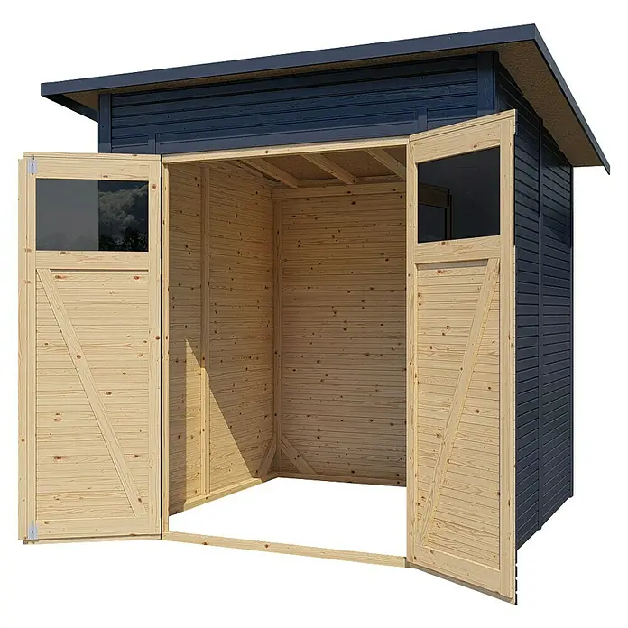 Bertilo Gerätehaus Pent Modern - Außenmaß inkl. Dachüberstand (B x T): 232 x 226 cm, Holz, Anthrazit - Offener Holzschuppen mit Fenstern in den Türen, ideal für die Gartenaufbewahrung. Das naturbelassene Holz sorgt für eine freundliche Optik.