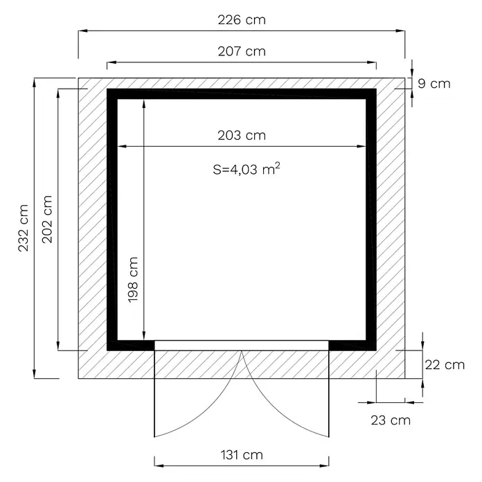 Bertilo Gerätehaus Pent Modern - Außenmaß inkl. Dachüberstand (B x T): 232 x 226 cm, Holz, Naturbelassen - Grundriss eines Raumes mit Tür, Maßen und einer Fläche von 4,03 m², dargestellt in einer technischen Zeichnung.