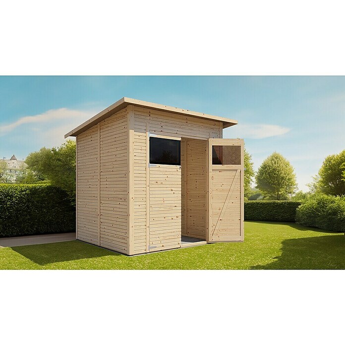 Bertilo Gerätehaus Pent Modern (Außenmaß inkl. Dachüberstand (B x T): 232 x 226 cm, Holz, Naturbelassen) | BAUHAUS