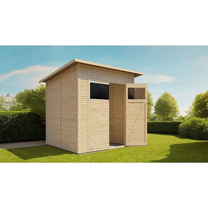 Bertilo Gerätehaus Pent Modern - Außenmaß inkl. Dachüberstand (B x T): 232 x 226 cm, Holz, Naturbelassen - Holzschuppen mit Fernseher und offener Tür im Garten, ideal für Unterhaltung im Freien.