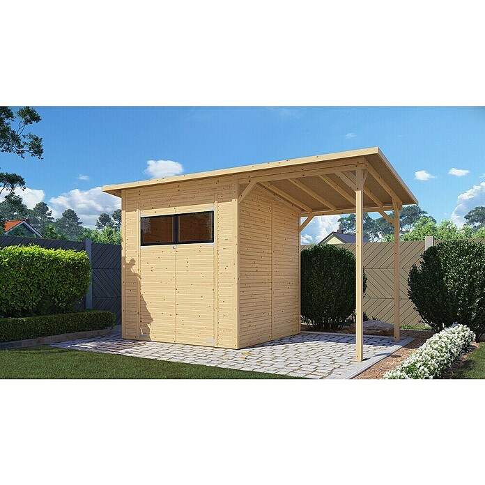 Bertilo Gerätehaus Pent Modern Plus (Außenmaß inkl. Dachüberstand (B x T): 232 x 418 cm, Holz, Natur) | BAUHAUS