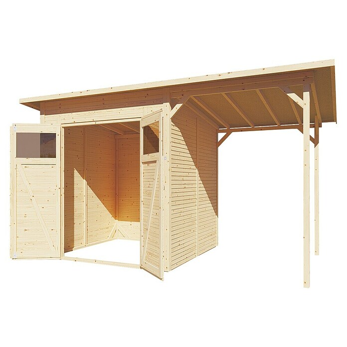 Bertilo Gerätehaus Pent Modern Plus (Außenmaß inkl. Dachüberstand (B x T): 232 x 418 cm, Holz, Natur) | BAUHAUS