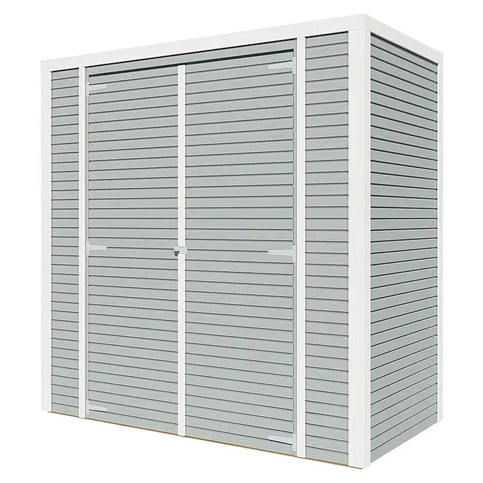 Bertilo Gerätehaus Box 1 - Außenmaß inkl. Dachüberstand (B x T): 110 x 208 cm, Holz, Grau - Helles, modernes Gartenhaus mit Schiebetüren und horizontaler Holzverschalung für zusätzlichen Stauraum im Außenbereich.