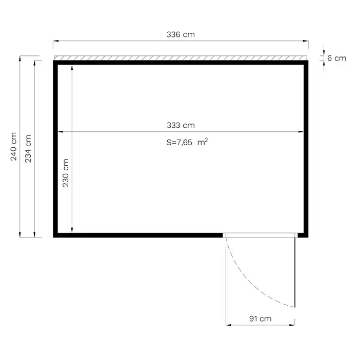 Bertilo Gartenhaus Cubus 3 Office - Außenmaß inkl. Dachüberstand (B x T): 240 x 336 cm, Holz, Anthrazit - Grundriss eines rechteckigen Raums mit Türöffnung, Maße in Zentimetern angegeben und Flächenangabe in Quadratmetern.