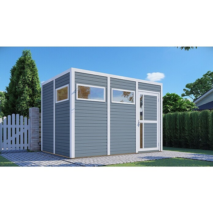 Bertilo Gartenhaus Cubus 3 (Außenmaß inkl. Dachüberstand (B x T): 240 x 336 cm, Holz, Hellgrau/ Weiß) | BAUHAUS