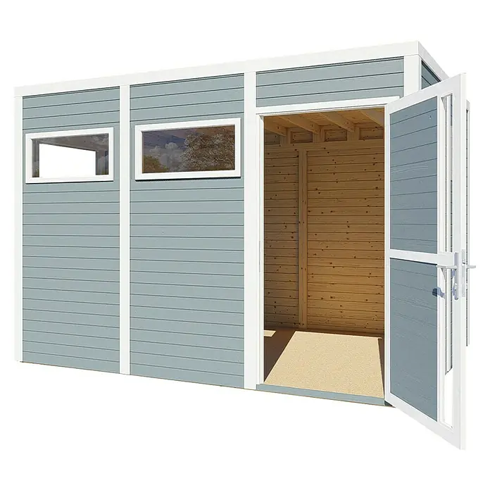 Bertilo Gartenhaus Cubus 3 - Außenmaß inkl. Dachüberstand (B x T): 240 x 336 cm, Holz, Hellgrau/ Weiß - Ansicht eines blauen Holzschuppens mit weißen Akzenten, der einladend mit einer offenen Doppeltür und zwei Fenstern gestaltet ist.