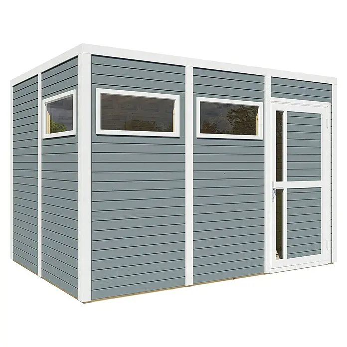Bertilo Gartenhaus Cubus 3 - Außenmaß inkl. Dachüberstand (B x T): 240 x 336 cm, Holz, Hellgrau/ Weiß - Ein graues Gartenhaus mit weißen Fensterrahmen und Türrahmen bietet einen hellen und modernen Look für jeden Außenbereich.