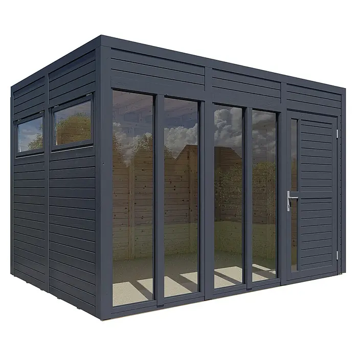 Bertilo Gartenhaus Cubus 3 Office - Außenmaß inkl. Dachüberstand (B x T): 240 x 336 cm, Holz, Anthrazit - Ein modernes Gartenhaus mit grauer Holzverkleidung, großen Fenstern und einer Tür, ideal für Entspannung und als stilvoller Rückzugsort im Garten.