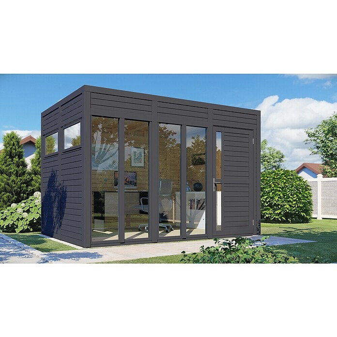 Bertilo Gartenhaus Cubus 3 Office (Außenmaß inkl. Dachüberstand (B x T): 240 x 336 cm, Holz, Anthrazit) | BAUHAUS