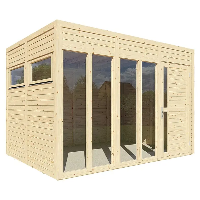 Bertilo Gartenhaus Cubus 3 Office - Außenmaß inkl. Dachüberstand (B x T): 240 x 336 cm, Holz, Naturbelassen - Ein helles Holzgartenhaus mit großen Fenstern und einer Tür, ideal für einen lichtdurchfluteten Arbeitsplatz oder ein gemütliches Gartenrefugium.