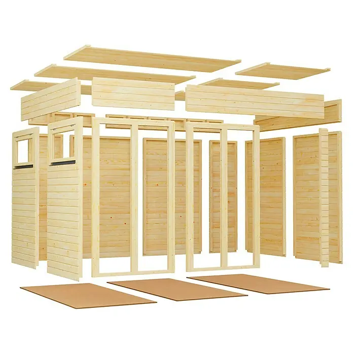 Bertilo Gartenhaus Cubus 3 Office - Außenmaß inkl. Dachüberstand (B x T): 240 x 336 cm, Holz, Naturbelassen - Explosionsansicht eines Holzgartenhauses, die seine einzelnen Paneele, Fenster und Dachkomponenten zeigt. Ideal für DIY-Enthusiasten.