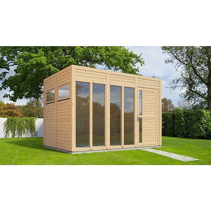 Bertilo Gartenhaus Cubus 3 Office (Außenmaß inkl. Dachüberstand (B x T): 240 x 336 cm, Holz, Naturbelassen) | BAUHAUS