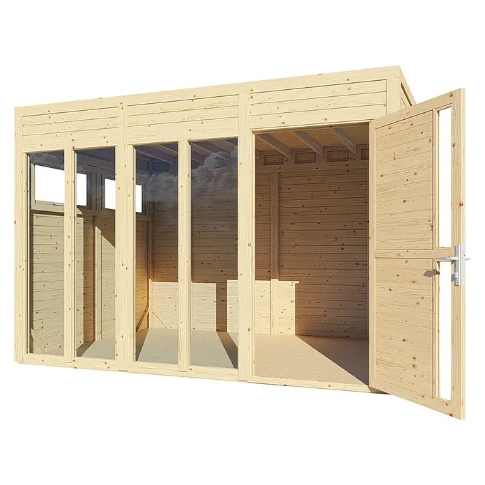 Bertilo Gartenhaus Cubus 3 Office - Außenmaß inkl. Dachüberstand (B x T): 240 x 336 cm, Holz, Naturbelassen - Ansicht eines Holzgartenhauses mit offenen Türen, das die robuste Bauweise und die natürliche Holzmaserung hervorhebt.