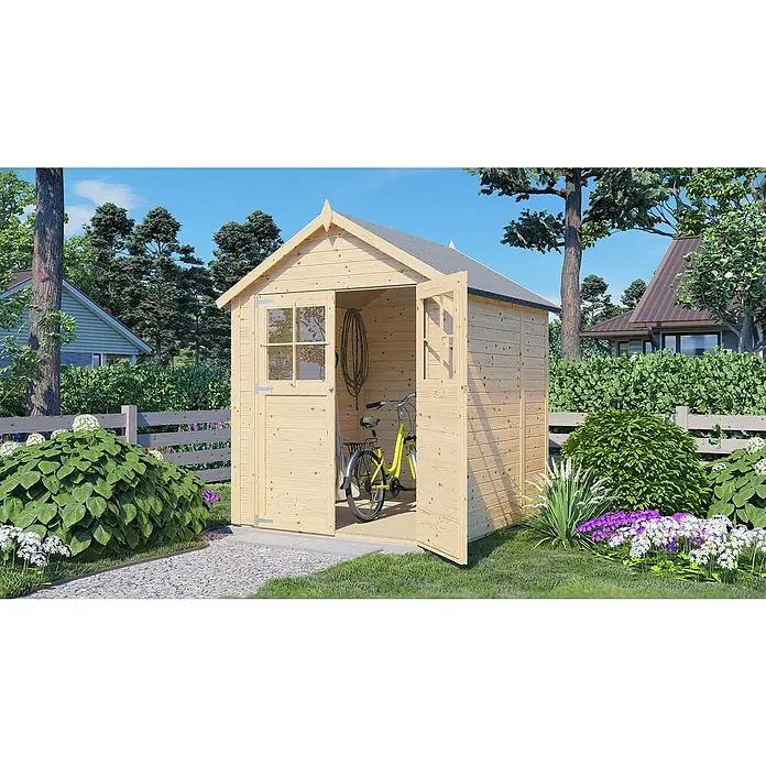 Bertilo Gartenhaus Osterbek - Außenmaß inkl. Dachüberstand (B x T): 191 x 202 cm, Holz - Ein helles Holzgartenhaus mit geöffneten Türen, in dem ein gelbes Fahrrad steht, umgeben von Grün.