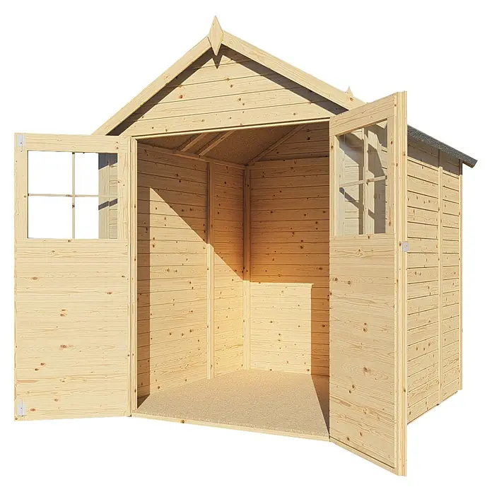 Bertilo Gartenhaus Osterbek - Außenmaß inkl. Dachüberstand (B x T): 191 x 202 cm, Holz - Gartenschuppen aus Holz mit geöffneten Türen, der Einblick in den hellen Innenraum ermöglicht. Ideal für Gartenwerkzeug und mehr.