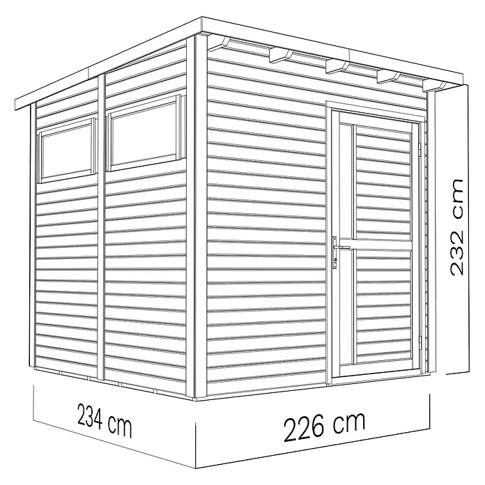 Bertilo Gartenhaus Pentus 2 - Außenmaß inkl. Dachüberstand (B x T): 265 x 246 cm, Holz - Illustration eines Gartenhauses mit den Maßen 234 cm x 226 cm und einer Höhe von 232 cm.