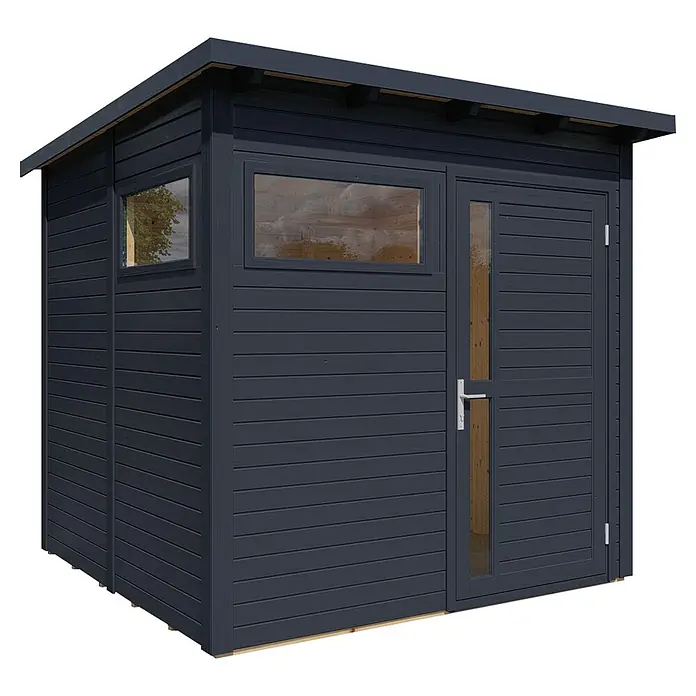 Bertilo Gartenhaus Pentus 2 - Außenmaß inkl. Dachüberstand (B x T): 265 x 246 cm, Holz - Ein modernes Gartenhaus in Anthrazit mit Fenster und Tür, ideal für die Aufbewahrung von Gartengeräten und Werkzeugen.