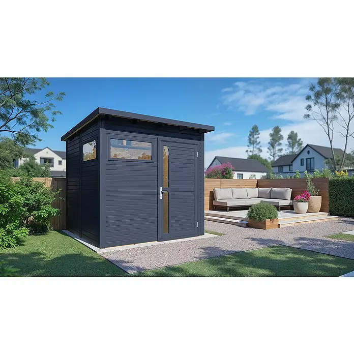 Bertilo Gartenhaus Pentus 2 - Außenmaß inkl. Dachüberstand (B x T): 265 x 246 cm, Holz - Ein modernes Gartenhaus in Anthrazit mit Fenster und Tür fügt sich perfekt in jeden Außenbereich ein und bietet zusätzlichen Stauraum.