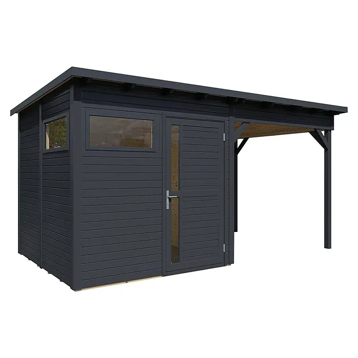 Bertilo Gartenhaus Pentus 2 - Außenmaß inkl. Dachüberstand (B x T): 265 x 470 cm, Holz - Das Bild zeigt ein modernes Gartenhaus mit Fenster, Tür und überdachtem Bereich, ideal für zusätzlichen Stauraum oder als gemütlicher Rückzugsort im Garten.