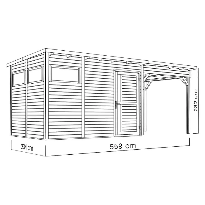 Bertilo Gartenhaus Pentus 3 - Außenmaß inkl. Dachüberstand (B x T): 265 x 582 cm, Holz - Abbildung eines Gartenhauses mit Carport, Abmessungen 234 cm x 559 cm, Höhe 232 cm, ideal für Gartenutensilien und als Unterstand.