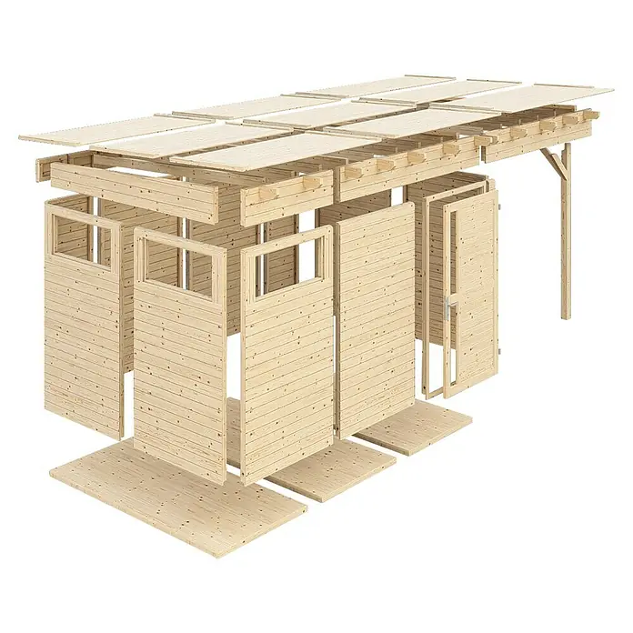 Bertilo Gartenhaus Pentus 3 - Außenmaß inkl. Dachüberstand (B x T): 265 x 582 cm, Holz - Detailansicht eines zerlegten Holzgartenhauses, das die einzelnen Bauelemente und die Konstruktion des Hauses hervorhebt.