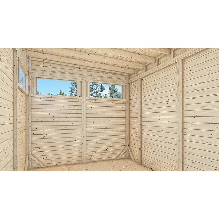 Bertilo Gartenhaus Pentus 3 - Außenmaß inkl. Dachüberstand (B x T): 265 x 582 cm, Holz - Innenansicht eines Holzhauses mit hellen Holzwänden, Fenstern und Deckenbalken. Die Konstruktion strahlt Wärme und Natürlichkeit aus.