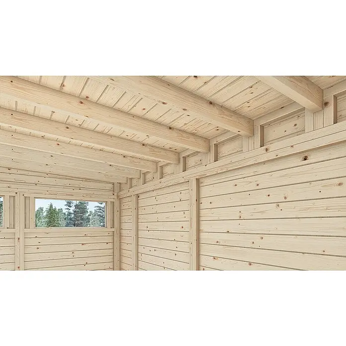 Bertilo Gartenhaus Pentus 3 - Außenmaß inkl. Dachüberstand (B x T): 265 x 582 cm, Holz - Innenansicht eines Holzhauses mit Deckenbalken und einem Fenster mit Blick auf Bäume. Die Wände sind mit hellen Holzpaneelen verkleidet.
