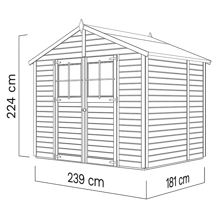 Bertilo Gartenhaus Osterbek - Außenmaß inkl. Dachüberstand (B x T): 191 x 259 cm, Holz - Illustration eines Holzschuppens mit den Maßen 239 cm x 181 cm Grundfläche und 224 cm Höhe.