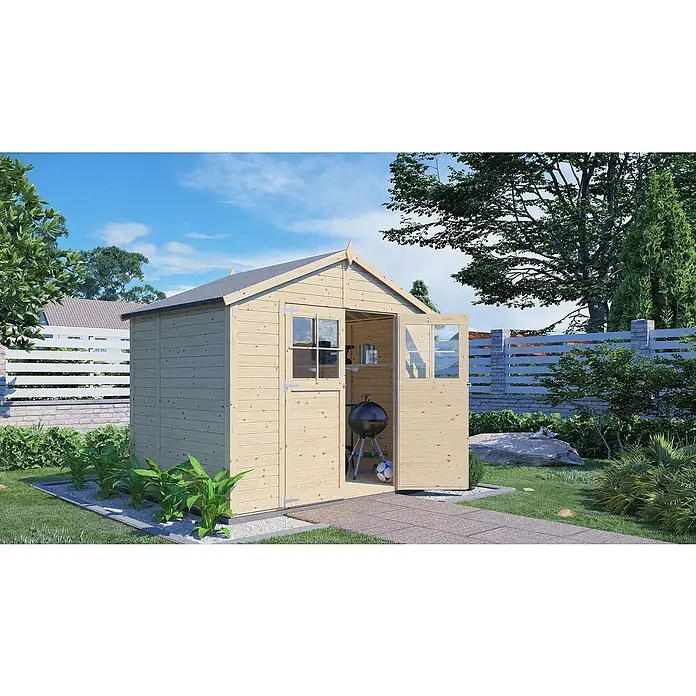 Bertilo Gartenhaus Osterbek - Außenmaß inkl. Dachüberstand (B x T): 191 x 259 cm, Holz - Geräumiges Holzgartenhaus mit Doppeltür und Fenster, ideal für Gartengeräte und Grillzubehör, umgeben von Grün.