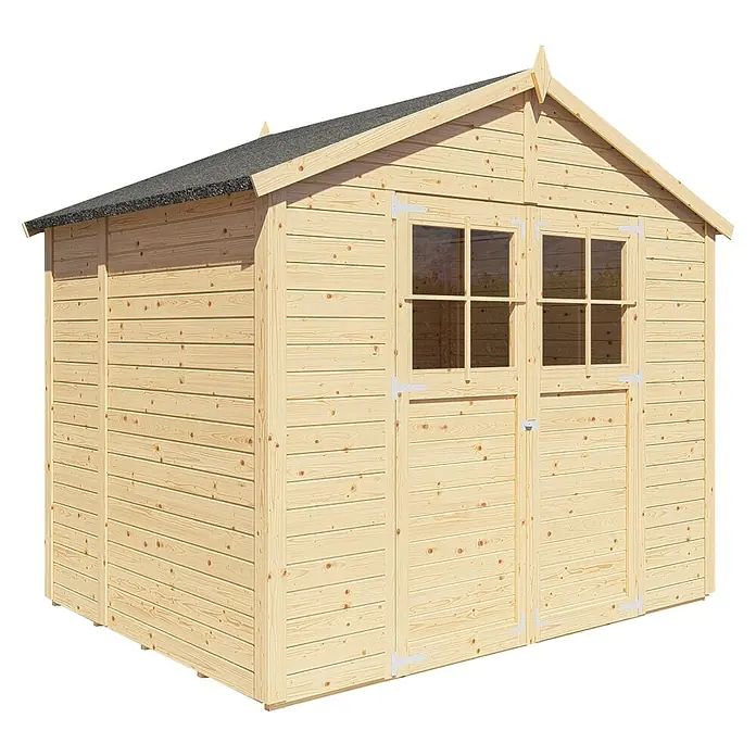 Bertilo Gartenhaus Osterbek - Außenmaß inkl. Dachüberstand (B x T): 191 x 259 cm, Holz - Ein helles Holzgartenhaus mit einem asymmetrischen Satteldach und zwei Fenstern auf der Vorderseite.