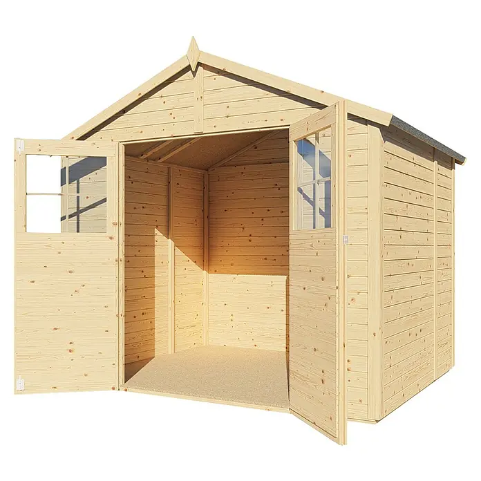 Bertilo Gartenhaus Osterbek - Außenmaß inkl. Dachüberstand (B x T): 191 x 259 cm, Holz - Abbildung eines hellen Holzgartenschuppens mit offenen Doppeltüren und Fenstern, der einen einladenden Lagerraum im Freien bietet.