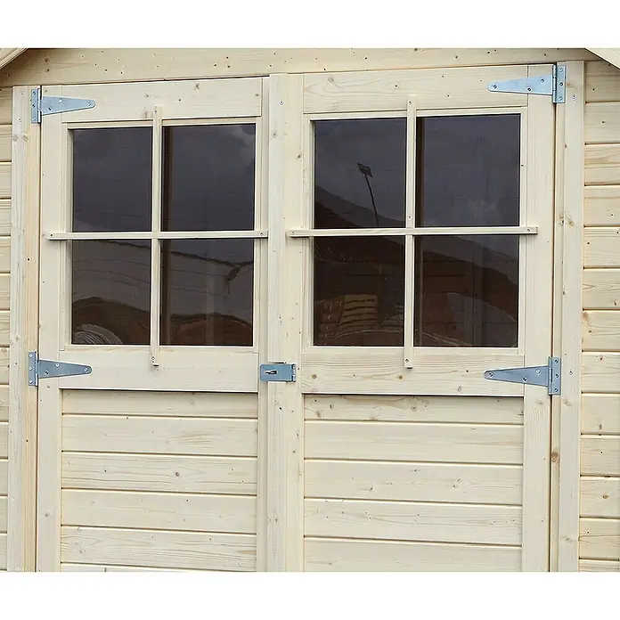 Bertilo Gartenhaus Osterbek - Außenmaß inkl. Dachüberstand (B x T): 191 x 259 cm, Holz - Nahaufnahme einer Holztür mit Fenstern und Beschlägen. Ideal für Gartenhäuser oder Schuppen. Robuste Bauweise und natürliche Optik.