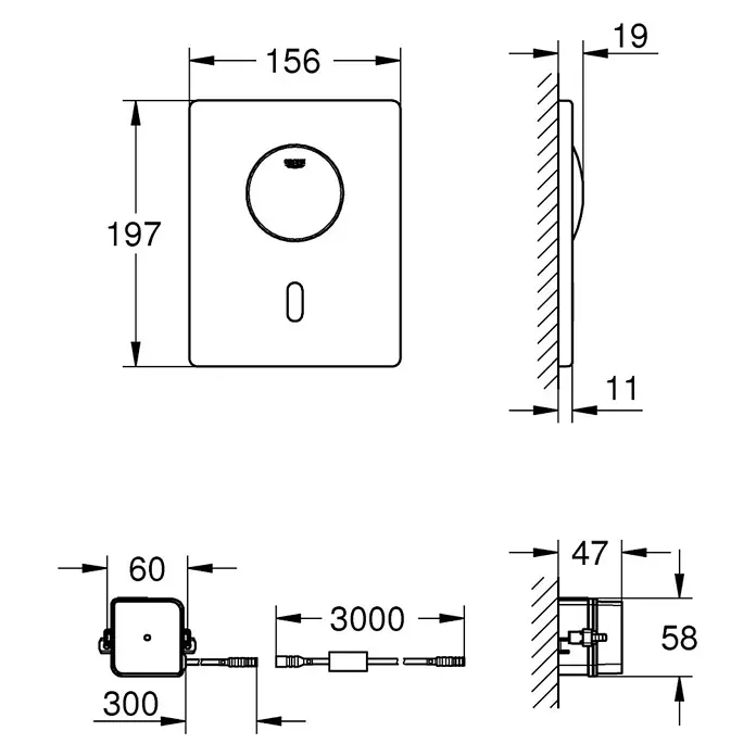 Grohe Betätigungsplatte Tectron Skate - Edelstahl, Bedienung Spülkasten-Betätigungsplatte: Infrarot - Technische Zeichnung einer wandmontierten Bedieneinheit mit Drehregler und Display, inklusive Anschlussbox und Kabel, mit Maßen.