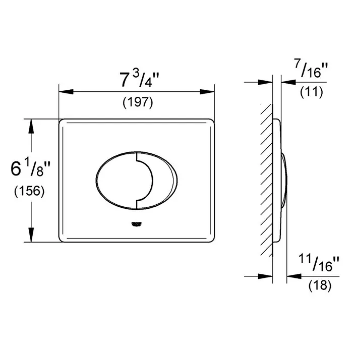 Grohe Betätigungsplatte Skate Air Variante 2 - Weiß, Spül-Stopp-System - Technische Zeichnung einer rechteckigen Spülplatte mit zwei ovalen Tasten und Abmessungen.