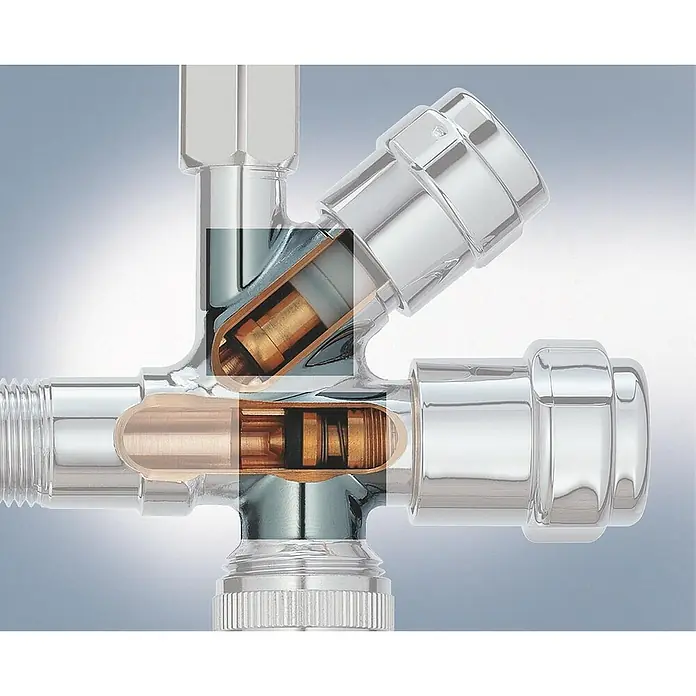 Grohe Geräteventil WAS-Kombi - ½″, Verchromt - Verchromtes Sanitärventil im Querschnitt mit sichtbaren Messingmechanismen.