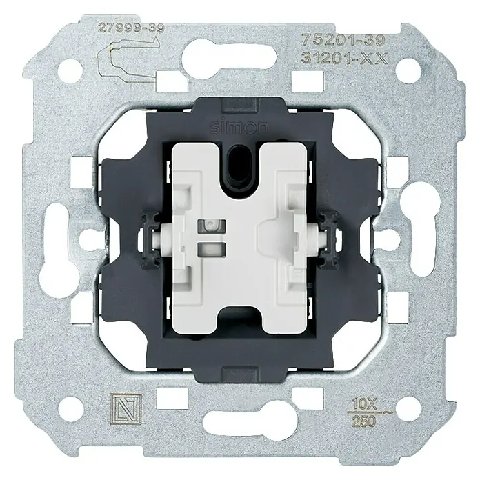 Simon 75 Mecanismo de conmutador - Instalación empotrada - Primer plano de un interruptor Simon, que muestra la mecánica interna y la construcción de alta calidad del producto.