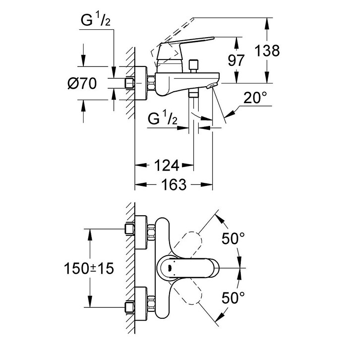 Grohe Eurosmart Cosmopolitan Badewannenarmatur (Ausladung Armatur: 163 mm, Chrom, Glänzend) | BAUHAUS