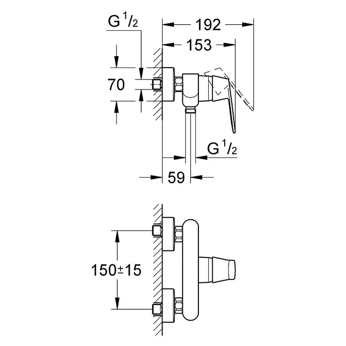 Grohe Eurosmart Cosmopolitan Grifo monomando de ducha - Cromo, Brillante - Dibujo técnico de un grifo mezclador mural, mostrando dimensiones de instalación, incluyendo separación 150±15mm y conexiones G 1/2.