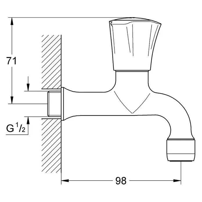 Grohe Costa Auslaufventil - ½″, Messing - Technische Zeichnung eines Wandwasserhahns mit Einzelgriff, Maßen und G 1/2 Anschluss.