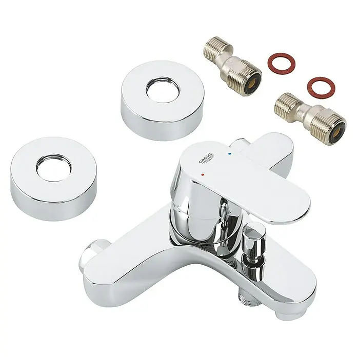 Grohe Eurosmart Cosmopolitan Grifo monomando de bañera - Profundidad del grifo: 163 mm, Cromo, Brillante - Grifo de baño cromado monomando, anillos decorativos, conectores de tubería y juntas tóricas rojas para instalación.