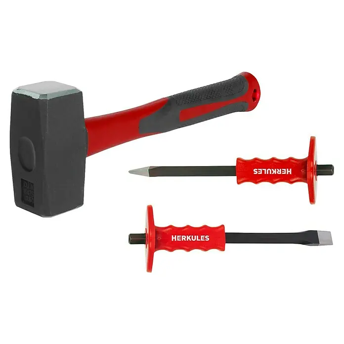 Herkules Hammer- & Meißel-Set3 -tlg. - Abgebildet sind ein Vorschlaghammer und zwei Meißel der Marke Herkules, die für schwere Abbrucharbeiten und Steinarbeiten geeignet sind.
