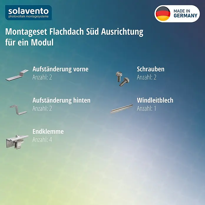 Solavento Befestigungs-Set - Passend für: 1 Solarmodul, Witterungsbeständig, Geeignet für: Flachdach, Gesamtstückzahl: 11 Stk. - Solarmodul-Montageset für Flachdach (Süd), für ein Modul. Enthält Ständer, Schrauben, Windleitblech, Endklemmen.