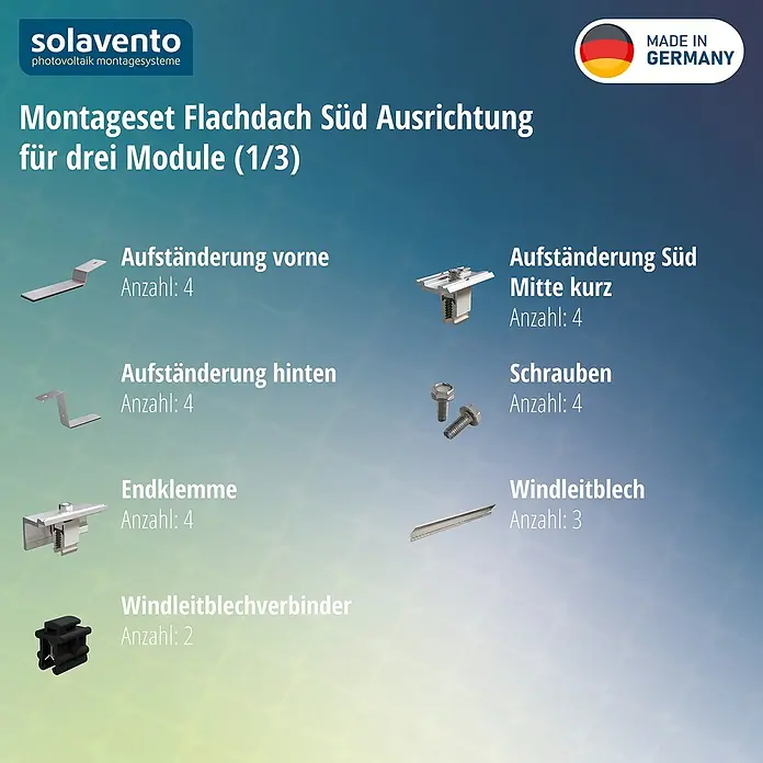 Solavento Befestigungs-Set - Passend für: 3 Solarmodule, Witterungsbeständig, Geeignet für: Flachdach, Gesamtstückzahl: 25 Stk. - Ein Montageset für Flachdach-Solarmodule, bestehend aus Metallhalterungen, Klemmen, Schrauben, Windleitblechen und schwarzen Kunststoffverbindern.
