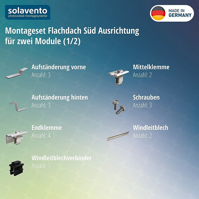 Solavento Befestigungs-Set (Passend für: 2 Solarmodule, Witterungsbeständig, Geeignet für: Flachdach, Gesamtstückzahl: 17 Stk.) | BAUHAUS