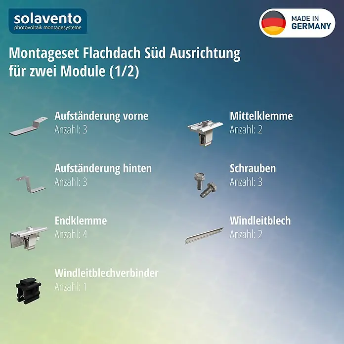 Solavento Befestigungs-Set - Passend für: 2 Solarmodule, Witterungsbeständig, Geeignet für: Flachdach, Gesamtstückzahl: 17 Stk. - Bestandteile eines Solavento Flachdach-PV-Montagesets: Metallstützen, Klemmen, Schrauben und Windleitblechteile, inkl. eines schwarzen Verbinders.