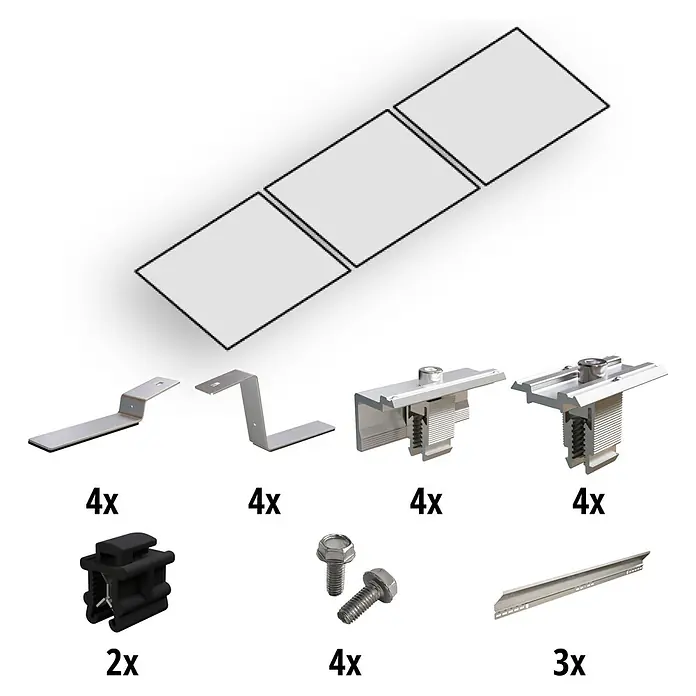 Solavento Befestigungs-Set - Passend für: 3 Solarmodule, Witterungsbeständig, Geeignet für: Flachdach, Gesamtstückzahl: 25 Stk. - Sortiment aus silbernen Metall- und schwarzen Komponenten für die Solarmontage, darunter sechs hellgraue Paneele, Halterungen, Klemmen, Schrauben und Schienen.