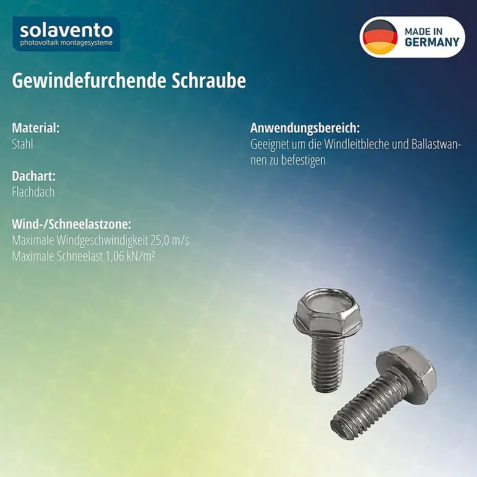 Solavento Schraube - Metall, Geeignet für: Flachdach - Zwei silberne Gewindefurchende Schrauben aus Stahl für Photovoltaik-Montagesysteme.
