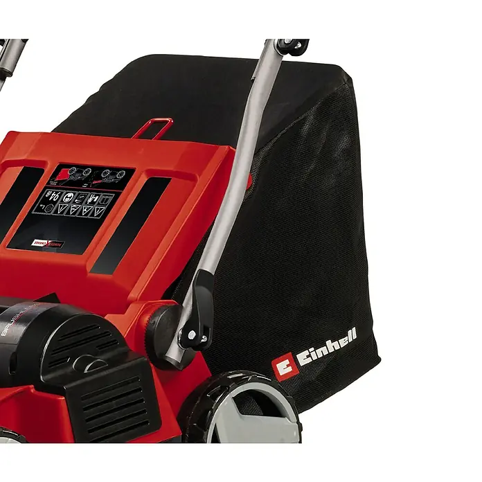 Einhell Power X-Change 18V Akku-Vertikutierer-Lüfter GE-SA 36/35 - Anzahl Akkus: Ohne Akku, 36 V, Arbeitsbreite: 35 cm - Nahaufnahme eines roten Einhell Rasenmähers mit schwarzem Fangkorb.
