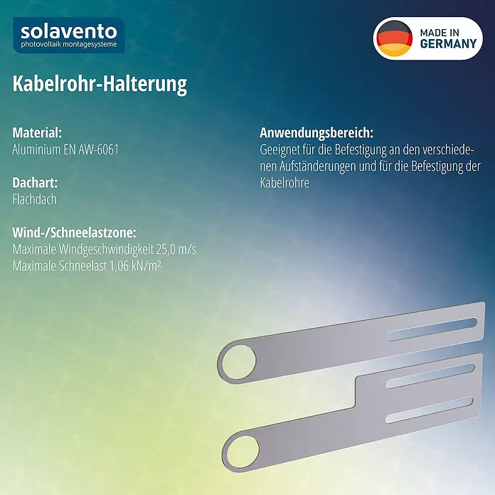 Solavento Kabelrohr-Halterung Kabel - Geeignet für: Flachdach, Ost-West- und Süd- Ausrichtung - Silberner Aluminium-Kabelrohrhalter mit runden und geschlitzten Löchern zur Kabelmontage an Photovoltaikanlagen.